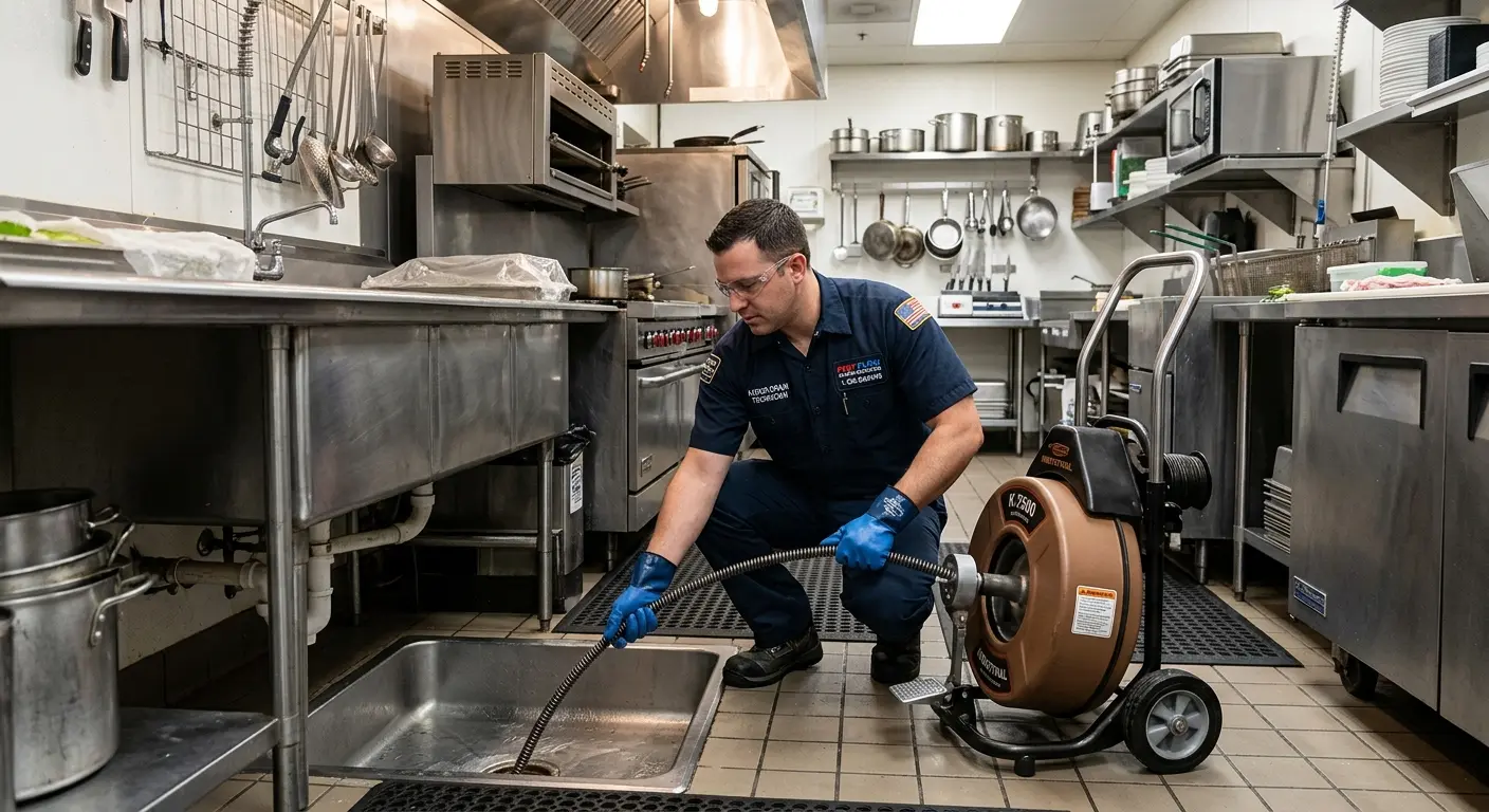 Commercial drain cleaning service in a restaurant kitchen in Central City