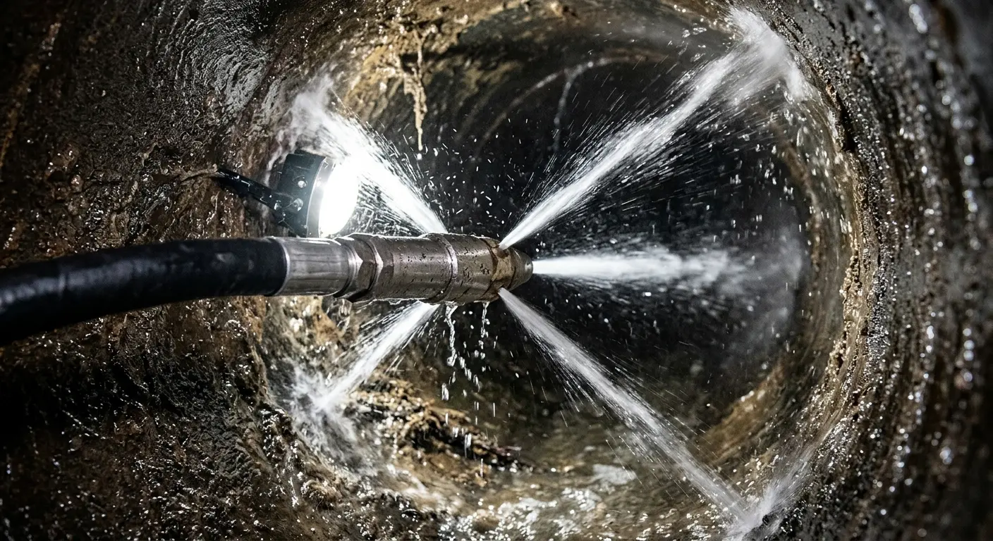 High-pressure hydro jetting nozzle cleaning sewer pipe for Emergency Drain Service in Central City