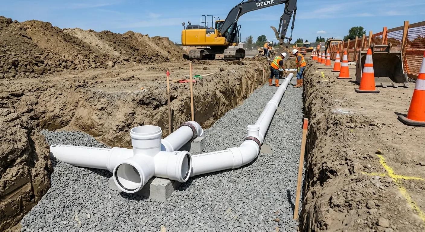 New PVC sewer pipe installation in open trench for Grease Trap Cleaning in Central City