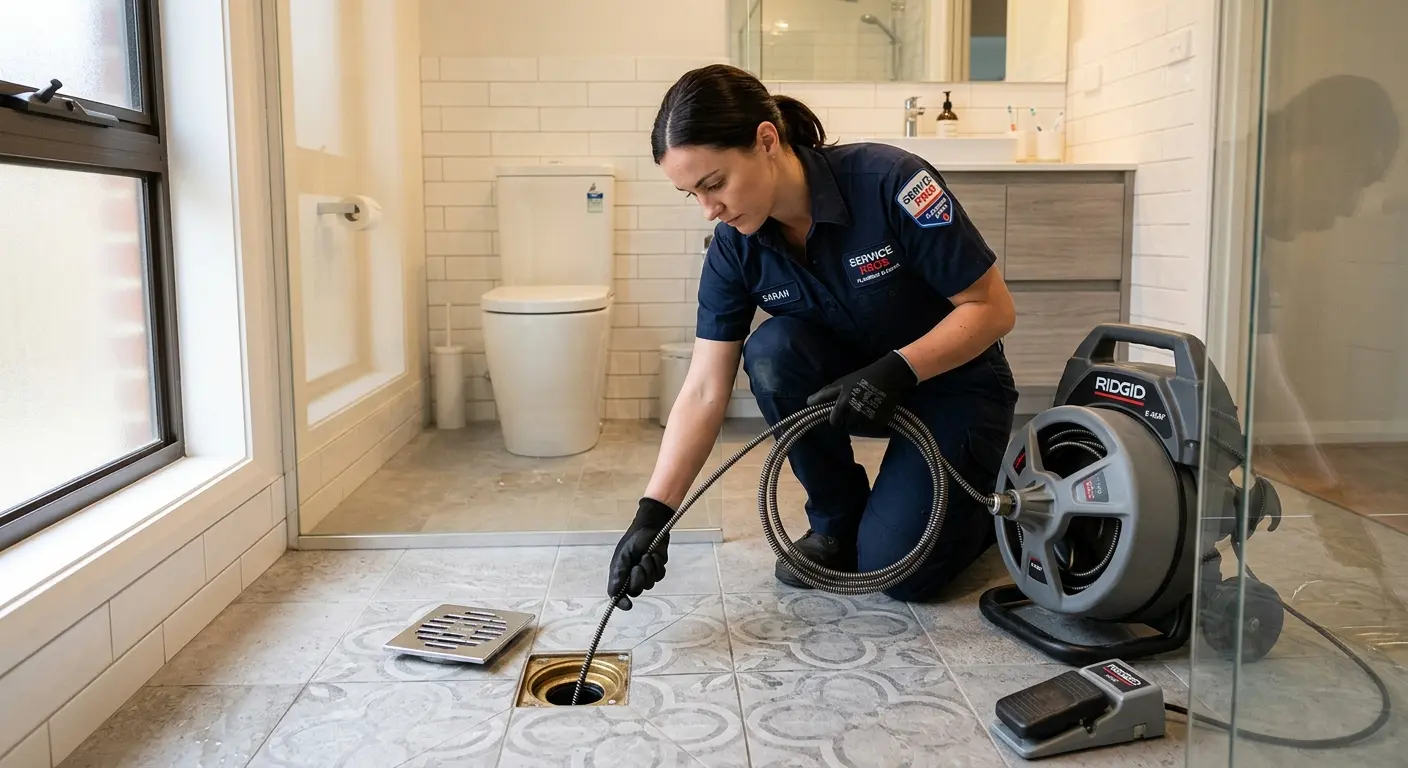 Technician clearing a bathroom floor drain for Drain Repair in Central City